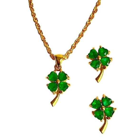 Vintage Four Leaf Clover Necklace & Earrings Set 18K Gold Plated Lucky Green - Picture 1 of 10